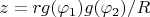 $z=r g(\varphi_1)g(\varphi_2)/R$