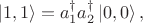$$
\left| 1, 1 \right\rangle = a^{\dag}_{1} a^{\dag}_{2} \left| 0, 0 \right\rangle,
$$
