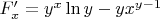 $F'_x=y^x\ln y-yx^{y-1}$