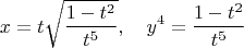 $$x=t\sqrt{\frac{1-t^2}{t^5}},\quad y^4=\frac{1-t^2}{t^5}$$