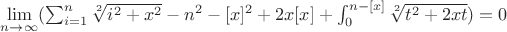 $\lim\limits_{n \to \infty}(\sum_{i=1}^n\sqrt[2]{i^2+x^2}}-n^2-[x]^2+2x[x]+\int_0^{n-[x]}\sqrt[2]{t^2+2xt}})=0$