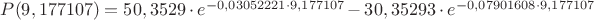 $P(9,177107) = 50,3529 \cdot e ^ {-0,03052221 \cdot 9,177107} - 30,35293 \cdot e ^ {-0,07901608 \cdot 9,177107}$
