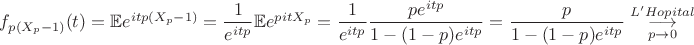 $f_{p(X_p - 1) }(t) = \mathbb{E} e^{itp(X_p - 1) } = \dfrac{1}{e^{itp} } \mathbb{E} e^{pitX_p} =\dfrac{1}{e^{itp} } \dfrac{pe^{itp} }{1 - (1 - p) e^{itp} } = \dfrac {p }{1 - (1 - p) e^{itp} } \overset{ L'Hopital}{ \underset{p \to 0}{\longrightarrow} }$