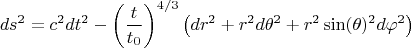 $$
ds^2 = c^2 dt^2 - \left( \frac{t}{t_0} \right)^{4/3} \left( dr^2 + r^2 d \theta^2 + r^2 \sin(\theta)^2 d \varphi^2 \right)
$$