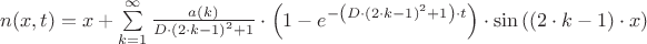 $ \[
n(x,t) = x + \sum\limits_{k = 1}^\infty  {\frac{{a(k)}}{{D \cdot \left( {2 \cdot k - 1} \right)^2  + 1}}}  \cdot \left( {1 - e^{ - \left( {D \cdot \left( {2 \cdot k - 1} \right)^2  + 1} \right) \cdot t} } \right) \cdot \sin \left( {\left( {2 \cdot k - 1} \right) \cdot x} \right)
\]
$