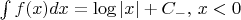 $\int f(x)dx=\log |x|+C_-,\, x<0$