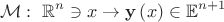 $$\mathcal{M} : ~ \mathbb{R}^n \ni x \to {\mathbf{y}}\left( x \right) \in \mathbb{E}^{n+1}$$ $$\mathcal{M} : ~ \mathbb{R}^n \ni x \to {\mathbf{y}}\left( x \right) \in \mathbb{E}^{n+1}$$