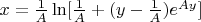 $x = \frac{1}{A} \ln [\frac{1}{A} + (y - \frac{1}{A})e^{Ay}]$