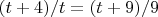 $(t + 4)/t = (t + 9)/9$