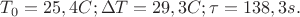 $T_0=25,4 C; \Delta T=29,3 C; \tau=138,3 s. $