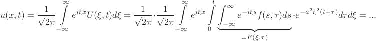 $$u(x,t) = \frac{1}{\sqrt{2\pi}}\int\limits_{-\infty}^{\infty} e^{i\xi x}U(\xi,t) d\xi = \frac{1}{\sqrt{2\pi}}\cdot \frac{1}{\sqrt{2\pi}}\int\limits_{-\infty}^{\infty} e^{i \xi x} \int\limits_{0}^{t}\underbrace{\int_{-\infty}^\infty e^{-i\xi s}f(s,\tau) ds}\limits_{= F(\xi,\tau)} \cdot e^{-a^2\xi^2(t-\tau)}d\tau d\xi = ...$$