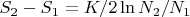 $ S_2 - S_1 = {K / 2} \ln{N_2 / N_1}$