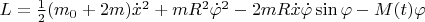 $L=\frac12 (m_0+2 m) \dot x^2 + m R^2 \dot\varphi^2-2 m R \dot x \dot\varphi \sin{\varphi} -M(t)\varphi$