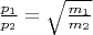 $\frac{p_{1}}{p_{2}}=\sqrt{\frac{m_{1}}{m_{2}}}$