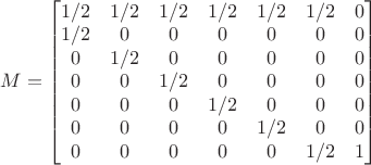 $
M=\begin{bmatrix}
 1/2 &  1/2 &  1/2 &  1/2 &  1/2 &  1/2 & 0 \\
 1/2 &  0 & 0 & 0 & 0 & 0 & 0 \\
 0 &  1/2 & 0 & 0 & 0 & 0 & 0 \\
 0 &  0 & 1/2 & 0 & 0 & 0 & 0 \\
 0 &  0 & 0 & 1/2 & 0 & 0 & 0 \\
 0 &  0 & 0 & 0 & 1/2 & 0 & 0 \\
 0 &  0 & 0 & 0 & 0 & 1/2 & 1
\end{bmatrix}
$
