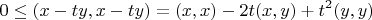 \[0 \le (x - ty,x - ty) = (x,x) - 2t(x,y) + t^2 (y,y)\]