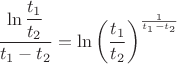 $\dfrac{\ln\dfrac{t_1}{t_2}}{t_1-t_2} = \ln \left( \dfrac{t_1}{t_2}\right) ^{\frac{1}{t_1-t_2}$