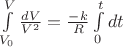 $\int\limits_{V_0}^{V} \frac{dV}{V^2}= \frac{-k}{R} \int\limits_{0}^{t}dt$