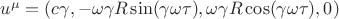 $u^{\mu}=(c\gamma, -\omega\gamma R \sin(\gamma \omega \tau), \omega\gamma R \cos(\gamma \omega \tau), 0)$