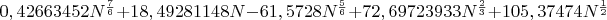 $0,42663452N^\frac{7}{6}+18,49281148N-61,5728N^\frac{5}{6}+72,69723933N^\frac{2}{3}+105,37474N^\frac{1}{2}$