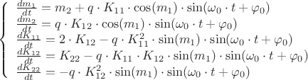 \[
\left\{ \begin{array}{l}
 \frac{{dm_1 }}{{dt}} = m_2  + q \cdot K_{11}  \cdot \cos (m_1 ) \cdot \sin (\omega _0  \cdot t + \varphi _0 ) \\ 
 \frac{{dm_2 }}{{dt}} = q \cdot K_{12}  \cdot \cos (m_1 ) \cdot \sin (\omega _0  \cdot t + \varphi _0 ) \\ 
 \frac{{dK_{11} }}{{dt}} = 2 \cdot K_{12}  - q \cdot K_{11}^2  \cdot \sin (m_1 ) \cdot \sin (\omega _0  \cdot t + \varphi _0 ) \\ 
 \frac{{dK_{12} }}{{dt}} = K_{22}  - q \cdot K_{11}  \cdot K_{12}  \cdot \sin (m_1 ) \cdot \sin (\omega _0  \cdot t + \varphi _0 ) \\ 
 \frac{{dK_{22} }}{{dt}} =  - q \cdot K_{12}^2  \cdot \sin (m_1 ) \cdot \sin (\omega _0  \cdot t + \varphi _0 ) \\ 
 \end{array} \right.
\]