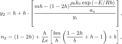 $$
y_{2}=h+h\cdot\left[\dfrac{mh- (1-2h)\dfrac{\rho_0k_0\exp\left(- {E}/{Rh}\right)}{a_*}}{y_i}\right],
$$
$$
n_{2}=(1-2h)+\dfrac{h}{Le}\left[\dfrac{bm}{h}\left(\dfrac{1-2h}{b}+h-1\right)+b\right],
$$