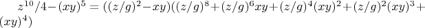 $z^{10}/4-(x y)^5=((z/g)^2-x y)((z/g)^8+(z/g)^6 x y+(z/g)^4 (x y)^2+(z/g)^2 (x y)^3+(x y)^4)$