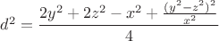 $d^2=\dfrac{2y^2+2z^2-x^2+\frac{(y^2-z^2)^2}{x^2}}{4}$ $d^2=\dfrac{2y^2+2z^2-x^2+\frac{(y^2-z^2)^2}{x^2}}{4}$