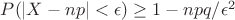 $P(|X-np|<\epsilon)\ge1-npq/\epsilon^2$