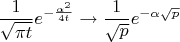 $$\frac{1}{\sqrt{\pi t}}e^{-\frac{\alpha^2}{4t}}\to\frac{1}{\sqrt{p}}e^{-\alpha\sqrt{p}}$$
