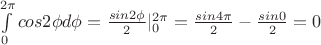 $\int\limits_0^{2\pi}{cos{2\phi}d\phi} = \frac{sin{2\phi}}{2}|\limits_0^{2\pi}=\frac{sin{4\pi}}{2}-\frac{sin{0}}{2}=0$