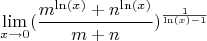 $$\lim_{x \to 0}  (\frac{m^{\ln(x)}+n^{\ln(x)}}{m+n})^\frac{1}{\ln(x)-1}$$