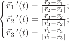 $\begin{cases}\vec r_1\,'(t)=\frac{\vec r_2-\vec r_1}{|\vec r_2-\vec r_1|}; \\ \vec r_2\,'(t)=\frac{\vec r_3-\vec r_2}{|\vec r_3-\vec r_2|}; \\ \vec r_3\,'(t)=\frac{\vec r_1-\vec r_3}{|\vec r_1-\vec r_3|}\end{cases}$