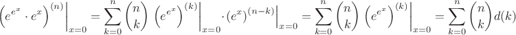 $$\left.\left(e^{e^x}\cdot e^x\right)^{(n)}\right|_{x=0}=\sum\limits_{k=0}^{n}\binom{n}{k}\left.\left(e^{e^x}\right)^{(k)}\right|_{x=0}\cdot\left.\left(e^x\right)^{(n-k)}\right|_{x=0}=\sum\limits_{k=0}^{n}\binom{n}{k}\left.\left(e^{e^x}\right)^{(k)}\right|_{x=0}=\sum\limits_{k=0}^{n}\binom{n}{k}d(k)$$