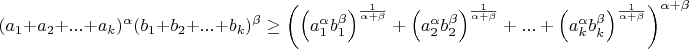 $$(a_1+a_2+...+a_k)^{\alpha}(b_1+b_2+...+b_k)^{\beta}\geq\left(\left(a_1^{\alpha}b_1^{\beta}\right)^{\frac{1}{\alpha+\beta}}+\left(a_2^{\alpha}b_2^{\beta}\right)^{\frac{1}{\alpha+\beta}}+...+\left(a_k^{\alpha}b_k^{\beta}\right)^{\frac{1}{\alpha+\beta}}\right)^{\alpha+\beta}$$