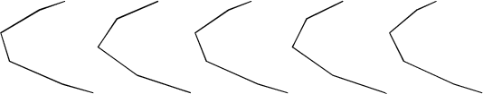 $$\begin{tikzpicture}\draw [black, thin](1.3364,0.1847) -- (0.1945,0.6871) -- (0.0000,1.3129) -- (0.8325,1.8153) -- (1.3878,2.0000) -- (0.8390,1.8028) -- (0.0020,1.3051) -- (0.1858,0.6949) -- (1.3256,0.1972) -- (2.0000,0.0000) -- (1.3364,0.1847);\draw [black, thin](4.1000,0.0000) -- (2.9532,0.3785) -- (2.1042,1.0000) -- (2.5095,1.6215) -- (3.3910,2.0000) -- (3.3951,1.9931) -- (2.5149,1.6103) -- (2.1000,1.0000) -- (2.9408,0.3897) -- (4.0931,0.0069) -- (4.1000,0.0000);\draw [black, thin](6.2000,0.0000) -- (5.5630,0.1865) -- (4.4479,0.6882) -- (4.2000,1.3118) -- (4.9190,1.8135) -- (5.4139,2.0000) -- (4.9243,1.8045) -- (4.2006,1.3062) -- (4.4386,0.6938) -- (5.5523,0.1955) -- (6.2000,0.0000);\draw [black, thin](8.2931,0.0050) -- (8.3000,0.0000) -- (7.1782,0.3795) -- (6.3055,1.0000) -- (6.6072,1.6205) -- (7.3843,2.0000) -- (7.3877,1.9950) -- (6.6110,1.6124) -- (6.3000,1.0000) -- (7.1654,0.3876) -- (8.2931,0.0050);\draw [black, thin](9.7837,0.1943) -- (10.4000,0.0000) -- (9.7944,0.1877) -- (8.7111,0.6890) -- (8.4009,1.3110) -- (8.9869,1.8123) -- (9.4109,2.0000) -- (8.9908,1.8057) -- (8.4000,1.3070) -- (8.7011,0.6930) -- (9.7837,0.1943);\end{tikzpicture}$$