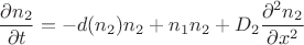 $$\frac{\partial{n_2}}{\partial{t}}=-d(n_2)n_2+n_1n_2+D_2\frac{\partial^2{n_2}}{\partial{x}^2}$$