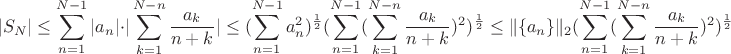$$|S_N|\leq \sum\limits_{n=1}^{N-1} |a_n| \cdot |\sum\limits_{k=1}^{N-n}\frac{a_k}{n+k}| \leq (\sum\limits_{n=1}^{N-1} a_n^2)^{\frac{1}{2}}(\sum\limits_{n=1}^{N-1}(\sum\limits_{k=1}^{N-n}\frac{a_k}{n+k})^2)^{\frac{1}{2}} \leq \|\{a_n\}\|_2 (\sum\limits_{n=1}^{N-1}(\sum\limits_{k=1}^{N-n}\frac{a_k}{n+k})^2)^{\frac{1}{2}}$$