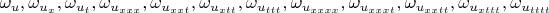 $\omega_u, \omega_{u_x}, \omega_{u_t}, \omega_{u_{xxx}}, \omega_{u_{xxt}}, \omega_{u_{xtt}}, \omega_{u_{ttt}}, \omega_{u_{xxxx}}, \omega_{u_{xxxt}}, \omega_{u_{xxtt}}, \omega_{u_{xttt}}, \omega_{u_{tttt}}$