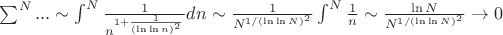 $\sum^{N} ...\sim\int^{N}\frac {1}{n^{1 + \frac {1}{(\ln\ln n)^{2} }}}dn\sim\frac {1}{N^{1/(\ln \ln N )^{2}}}\int^{N}\frac {1}{n}\sim \frac{\ln N}{N^{1/(\ln \ln N )^{2}}} \to 0$