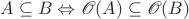 $A\subseteq B\Leftrightarrow\mathscr O(A)\subseteq\mathscr O(B)$