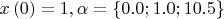 $x \left ( 0 \right )=1, \alpha=\left \{0.0;1.0;10.5  \right \}$