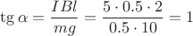 $\tg \alpha = \dfrac{IBl}{mg}=\dfrac{5\cdot 0.5\cdot 2}{0.5\cdot 10}=1$