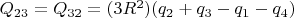 ${Q_{23}} = {Q_{32}} = (3{R^2})({q_2} + {q_3} - {q_1} - {q_4})$