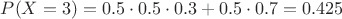 $P(X=3) = 0.5\cdot0.5\cdot0.3 + 0.5\cdot0.7 = 0.425$