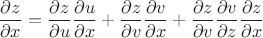 $$\frac{\partial z}{\partial x}=\frac{\partial z }{\partial u}\frac{\partial u }{\partial x}+\frac{\partial z }{\partial v}\frac{\partial v}{\partial x}+\frac{\partial z }{\partial v}\frac{\partial v}{\partial z}\frac{\partial z }{\partial x}$$