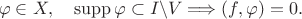 $$\varphi \in X,\quad\mathrm{supp}\,\varphi\subset I\backslash V\Longrightarrow (f,\varphi)=0.$$