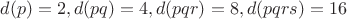 $d(p)=2, d(pq)=4, d(pqr)=8, d(pqrs)=16$