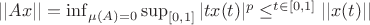 $||A x||=\inf_{\mu(A)=0} \sup_{[0,1]\A} |t x(t)|^p \le^{t \in [0,1] } ||x(t)||$
