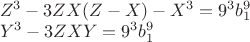 $\begin{array}{l}
 Z^3  - 3ZX(Z - X) - X^3  = 9^3 b_1^9  \\ 
 Y^3  - 3ZXY = 9^3 b_1^9  \\ 
 \end{array}$
